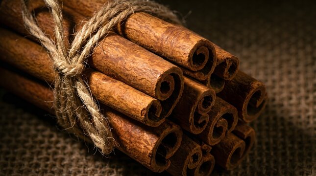 Aromatic cinnamon sticks tied with twine, rustic spice bundle on burlap background, organic culinary ingredients for baking