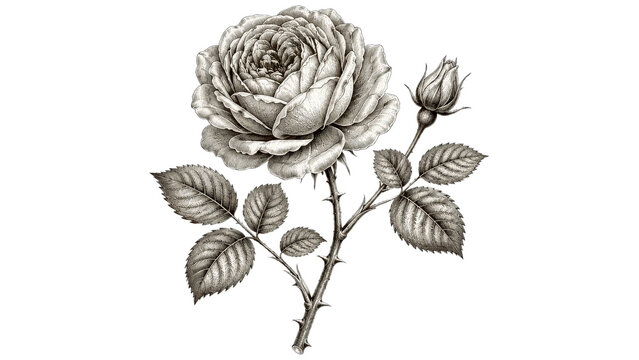 Rose Flower Botanical Illustration in Vintage Engraving Style