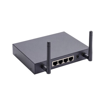 Black wireless router with four ethernet ports on white background