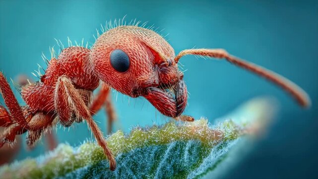A macro shot of a red ant's head, showing intricate details, on a fuzzy green leaf