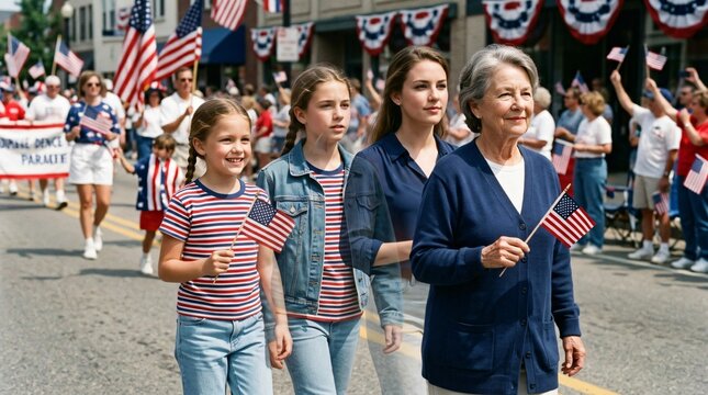 Multi-generational family of women holding American flags during a patriotic parade, representing aging, heritage, and Grandparents Day celebration.