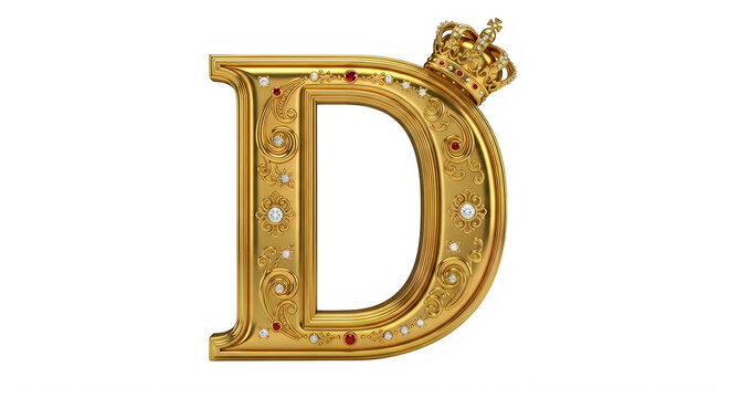 Elegant Golden Ornamental Letter D With Crown And Gemstone Decorations transparent background
