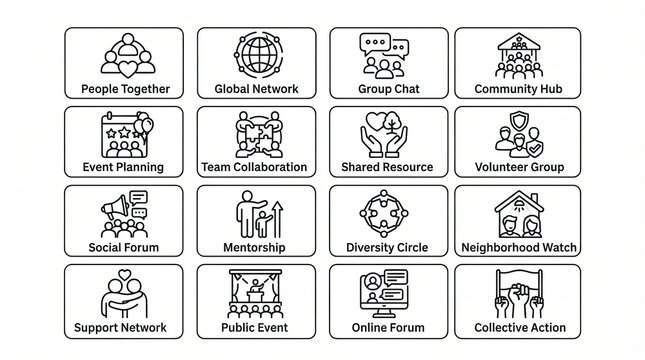 Set of social community and team collaboration thin line icons
