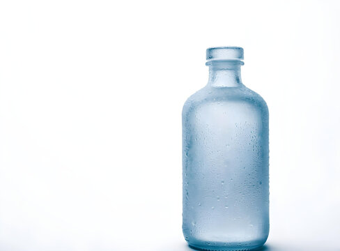 Frosted glass bottle minimal white background condensation cold product photography