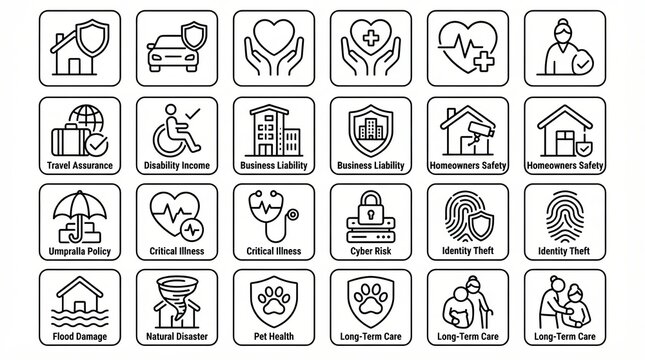 Set of insurance and protection service icons in a thin line style