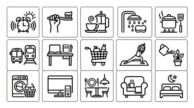 Set of daily routine icons showing common lifestyle and home activities