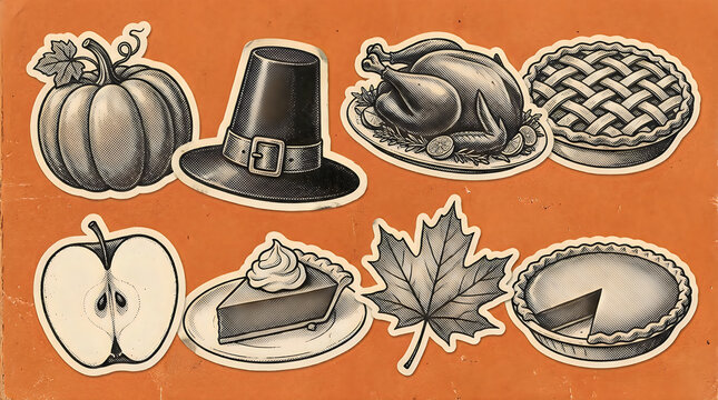 Thanksgiving sticker collection in monochrome engraving style on orange background featuring pumpkin pilgrim hat roasted turkey pie slices apple and maple leaf for holiday graphic.