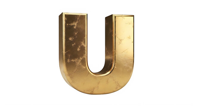 Golden three dimensional letter U isolated on transparent background transparent background