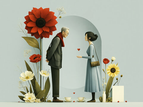 Older man and woman exchanging a small heart in a romantic floral scene of gentle connection