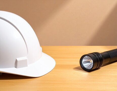 Minimal still life of a white hard hat and a black torch, Japanese emergency preparedness with generous copy space