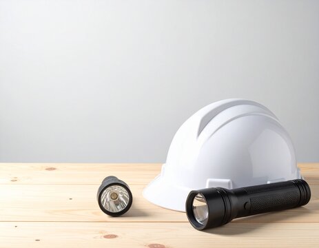 White safety helmet and black flashlight on a wooden table, Japanese emergency preparedness still life with copy space