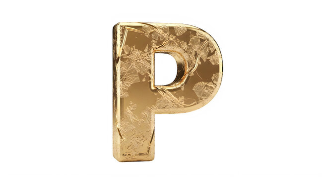 Three dimensional golden letter P with intricate texture design isolated transparent background