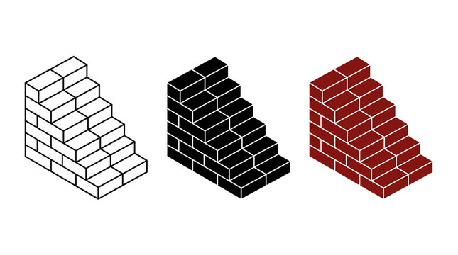 Set of three isometric brick staircases in outline black and red styles for architectural design and construction plans