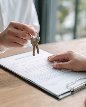 Property Manager Handing Keys to New Tenant Over Rental Agreement