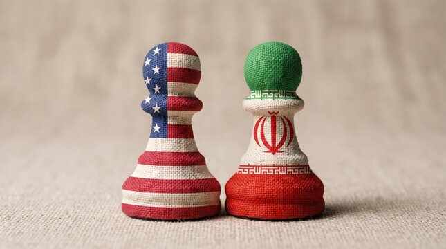 Two chess pawns wrapped in national flags representing political strategy with representing opposing nations textured beige background
