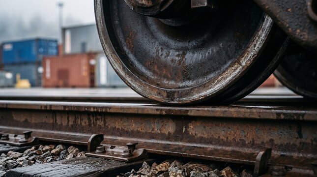 A close up view of heavy rusty train wheels resting on steel railway tracks in a freight yard, industrial transportation concept, global logistics.
