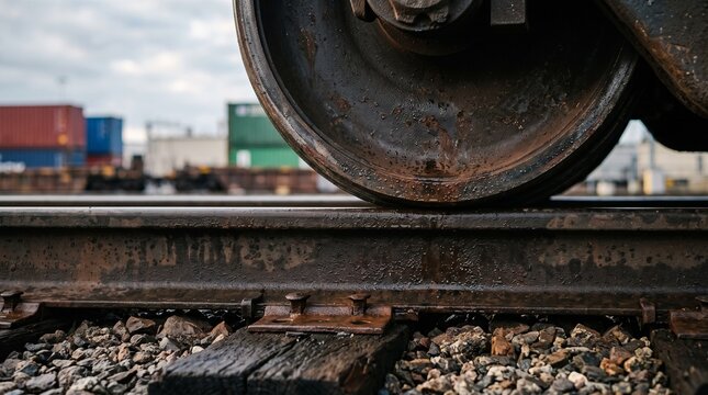 A close up profile of a weathered steel train wheel sitting on a railway track in an industrial terminal, heavy freight transport, global shipping concept.