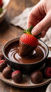A hand dipping a ripe strawberry into a ceramic bowl of melted chocolate surrounded by dusted raspberries on a rustic wooden table, sweet culinary indulgence, romantic dessert, Valentine's Day.