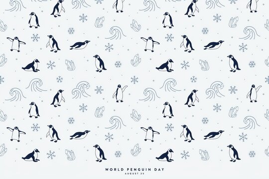 Penguin day seamless background, pattern with small, penguin snowflakes, ice, crystals, and water, waves on light, blue surface