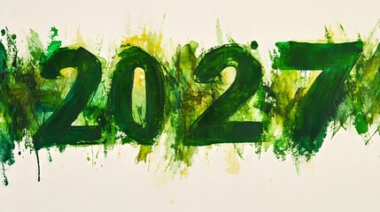 Obraz premium Abstract Painted Numbers 2027 Created with Green Splattered Wet Ink Isolaton on White Background