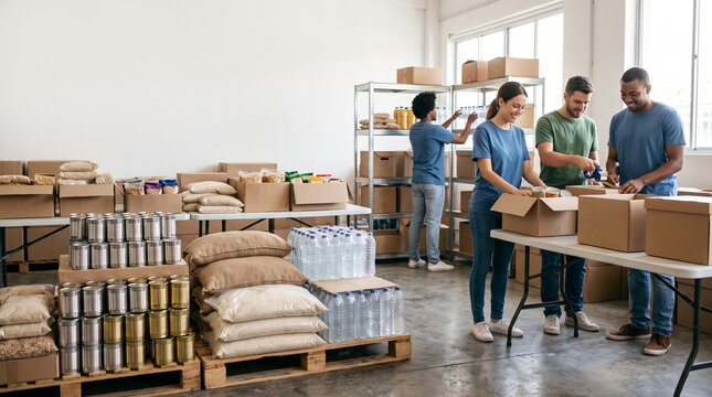 Diverse Group of Volunteers Working Together Packing Food Donations in a Community Warehouse Storage Facility for Charity Relief