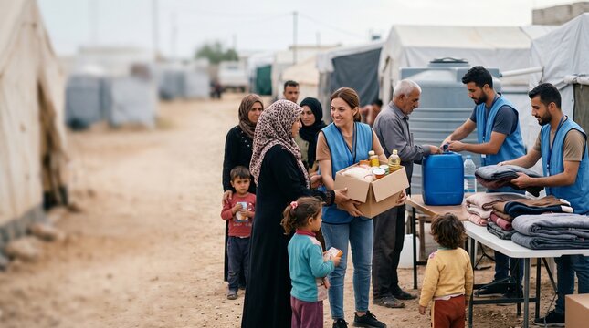 Humanitarian workers distributing food and basic supplies to displaced families and children in a refugee camp setting
