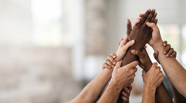 Diverse hands holding and supporting each other as a symbol of unity and teamwork
