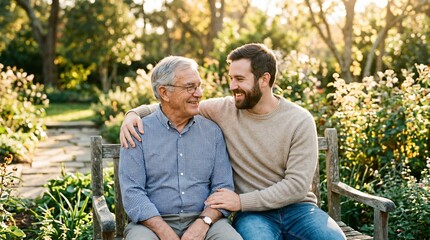 Fototapeta premium Senior man and adult son smiling on a garden bench, sharing a warm intergenerational family moment outdoors at golden hour.