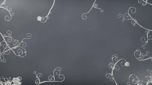 Unrolling white vine motif responding to small glowing dot appearing on gray backdrop, with dust