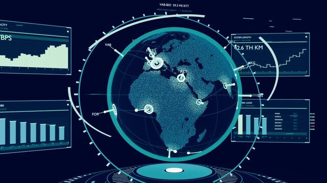 System booting, holographic globe rotating in HUD above platform, panels updating metrics