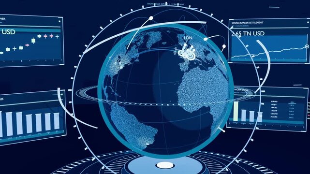 Appearing particle globe forming rings in navy data studio, with panels mapping cross-border flows