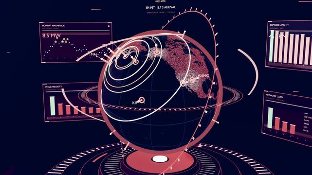 Zooming camera showing 3D globe in virtual hub tracking with rings pulsing nodes updating panels