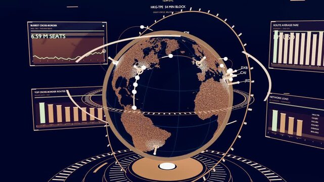 Forming central 3D globe rotating on navy stage, animating corridors and updating flanking panels