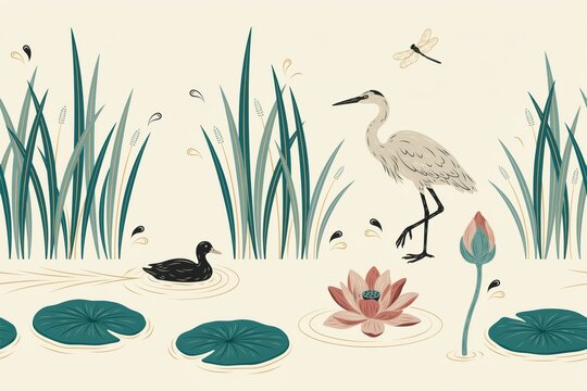 Pond scene border with a heron, swimming duck, lotus flowers, lily pads, reeds, and a dragonfly in a flat style on beige