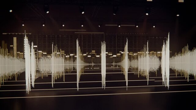 Animating waveform expanding into spikes and dense bursts after music playback on stage LED screen