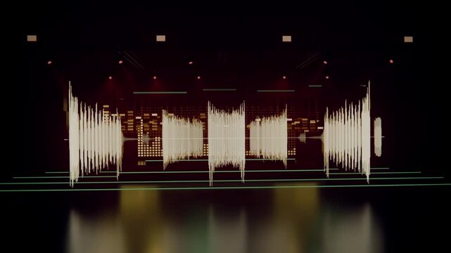 Responding to audio cue, pale-gold waveform splitting and pulsing on dark stage, with LED equalizer