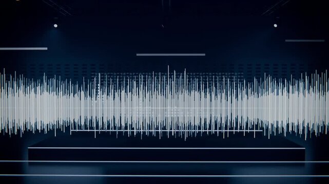 Expanding audio waveform responding to incoming sound, rising above platform with spotlights