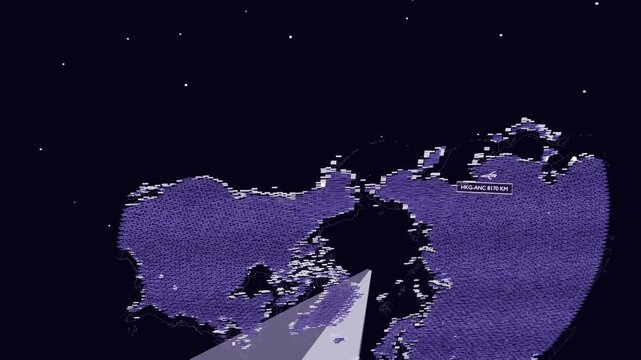 Sweeping radar wedge revealing northern map in space, drawing flight arcs toward HKG-ANC 8170 KM