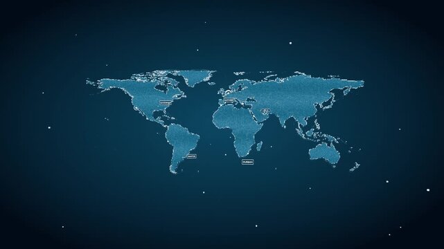 Shimmering world map changing into dotted grid, named ports routes callouts showing trade on screen