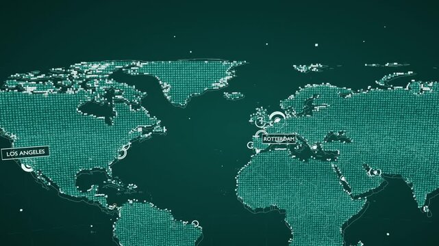 Animating stylized map converting to turquoise grid on dark teal showing global routes and latency