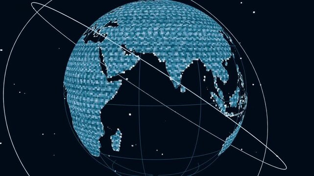 Starting animation, digital globe rotating in space, camera panning while HUD showing route km