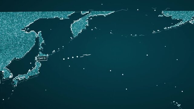 Starting with route at Shanghai, animating map tracking dots to Los Angeles, showing info panel