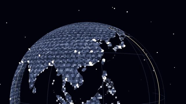 Camera framing rotating pixel globe tilting in starfield, revealing pulsing clusters and NIGHT SIDE