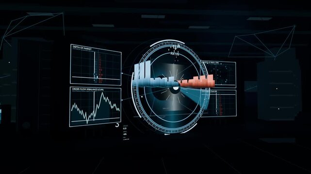 Rotating circular HUD projecting in control room, sweep beam marking blue and red bars for analysis