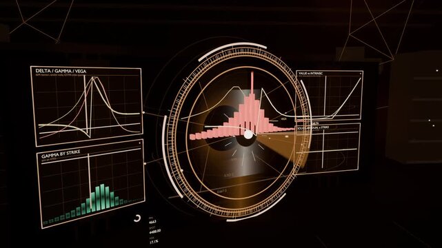 Animating central round HUD from faint ring in console, gold wedge sweeping pink bars marking peak