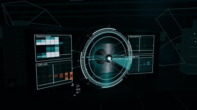 Appearing ring starting panels sliding, graphs loading in dark hub, showing teal sweep marking pair