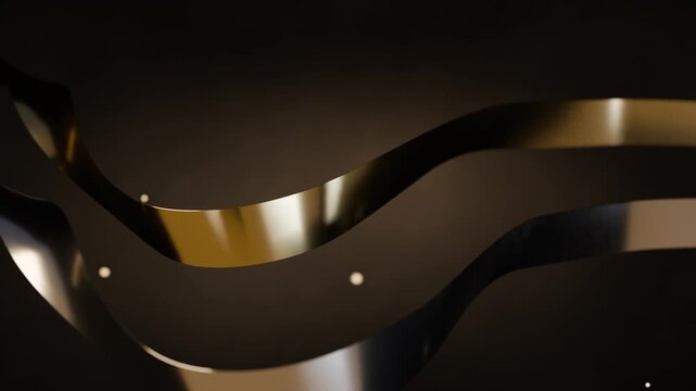 Appearing from left 3 metal ribbons flowing in dark space, showcasing gold silver sheen, particles