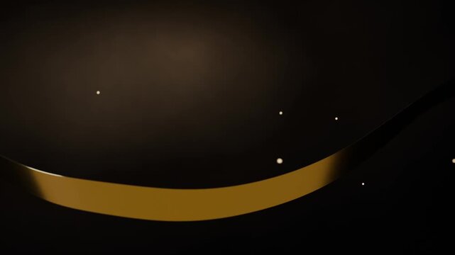 Emerging upper-right, gold band curling left, widening across dark void revealing warm particles