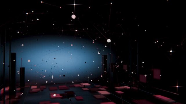 Shifting particles and pulsing magenta tiles reacting to viewpoint moving forward on dark 3D stage