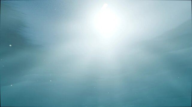 Shifting sunlight through surface ripples, forming pulsing shafts in water with drifting particles